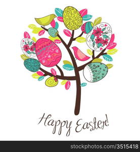 Easter Card with tree, eggs and birds