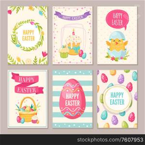 Easter cartoon banners set with happy Easter symbols isolated vector illustration