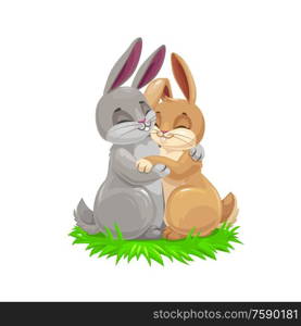 Easter cartoon bunny couple, holiday egghunting vector design. Easter egg hunt gray and brown rabbit animals hugging on green grass. Cartoon bunny couple, Easter holiday