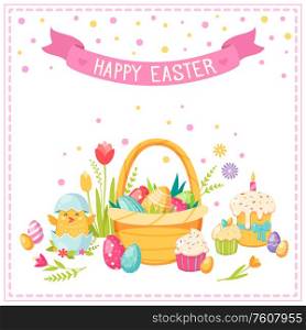 Easter cartoon concept with cake flowers basket and eggs vector illustration
