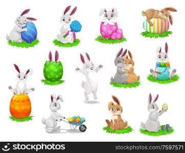 Easter cartoon rabbits with painted eggs isolated vector characters. Bunnies on easter egg hunt, egghunting party, Christian religious spring holiday, rabbit characters play and jump on green grass. Easter cartoon rabbits with painted eggs