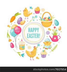Easter cartoon round concept with chicken balloons cake and eggs vector illustration