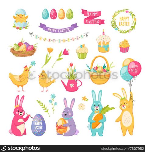 Easter cartoon set with cake balloons and eggs isolated vector illustration