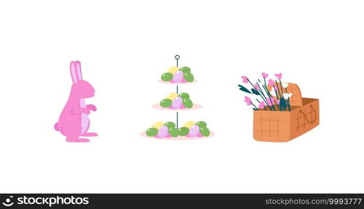 Easter celebration flat color vector detailed object set. Traditional decoration. Bunny, easter eggs. Spring holiday isolated cartoon illustration for web graphic design and animation collection. Easter celebration flat color vector detailed object set