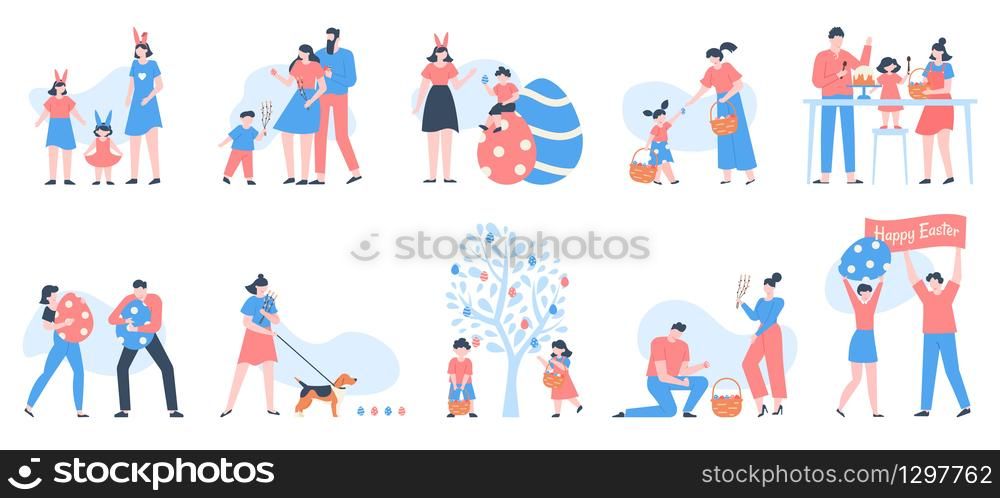 Easter characters. People carrying baskets of eggs, flowers and sweets, celebrating family with happy kids at egg hunting vector illustration set. Easter holiday people, family celebration. Easter characters. People carrying baskets of eggs, flowers and sweets, celebrating family with happy kids at egg hunting vector illustration set