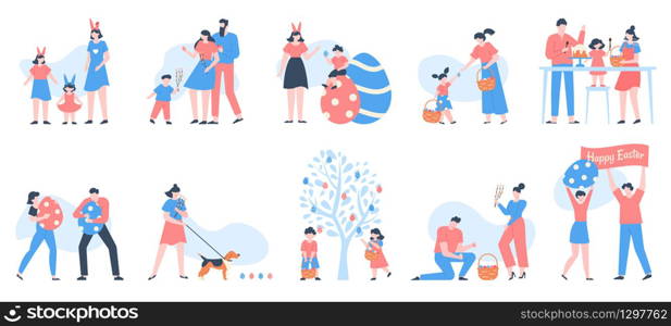 Easter characters. People carrying baskets of eggs, flowers and sweets, celebrating family with happy kids at egg hunting vector illustration set. Easter holiday people, family celebration. Easter characters. People carrying baskets of eggs, flowers and sweets, celebrating family with happy kids at egg hunting vector illustration set