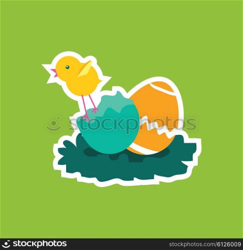 Easter chicken icon design flat. Easter and easter chicken, chicken and easter egg, egg and chicken, holiday easter and animal, hare easter, easter animal green, chicken easter with egg vector illustration