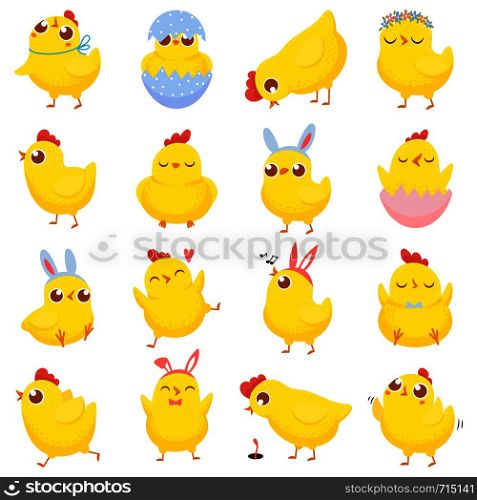 Easter chicks. Spring baby chicken, cute yellow chick and funny chickens. Newborn chicks birds character in eggs shell. Isolated cartoon vector illustration icons set. Easter chicks. Spring baby chicken, cute yellow chick and funny chickens isolated cartoon vector illustration set