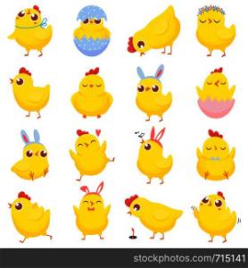 Easter chicks. Spring baby chicken, cute yellow chick and funny chickens. Newborn chicks birds character in eggs shell. Isolated cartoon vector illustration icons set. Easter chicks. Spring baby chicken, cute yellow chick and funny chickens isolated cartoon vector illustration set