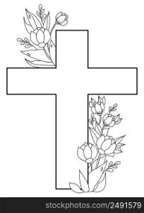 Easter, Christ is risen. Postcard - Big Cross, entwined with a bouquet of flowers, buds and leaves with dew drops. Vector. Ornament, black line, outline. For print, decor and design