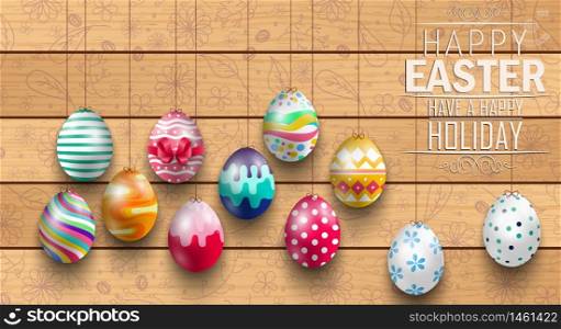 Easter colored eggs on wooden background.Vector