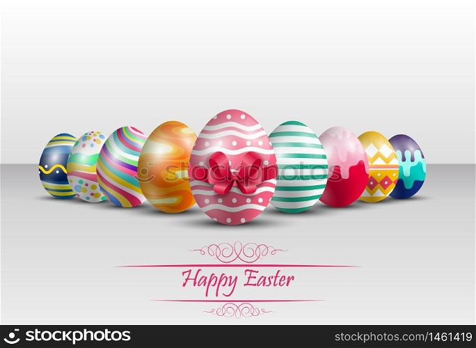Easter colorful eggs background with red ribbon.Vector