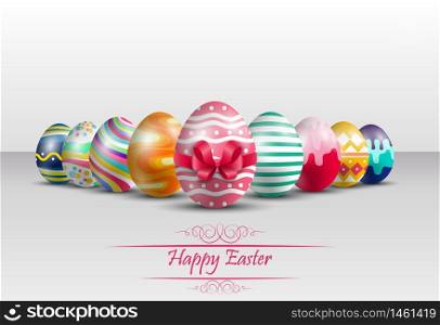 Easter colorful eggs background with red ribbon.Vector