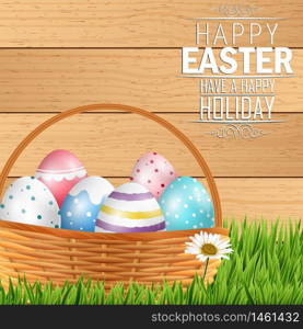 Easter colorful eggs in basket with field of grass on wooden background.Vector