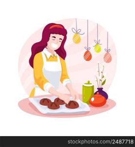 Easter cross buns isolated cartoon vector illustration. Young woman cooking Easter cross buns on baking paper, holiday preparation and old tradition, religious people vector cartoon.. Easter cross buns isolated cartoon vector illustration.