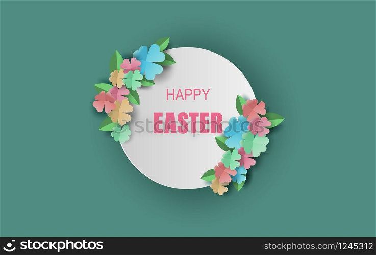 Easter day background.Creative paper art and craft style.Frame circle for your text banner and poster.Origami paper concept card.Plant flower colorful pastel color.vector illustration.Spring season