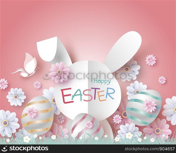 Easter day card design of bunny and flowers in the garden vector illustration