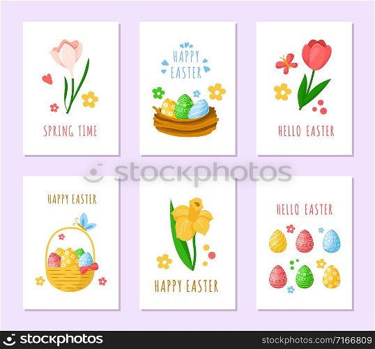 Easter Day cards - pink tulips, yelow daffodils, snowdrops and colorful easter eggs, basket and cute cartoon nest, holiday spring flowers, ready vector greeting cards or posters set, holiday decor. cartoon easter day set
