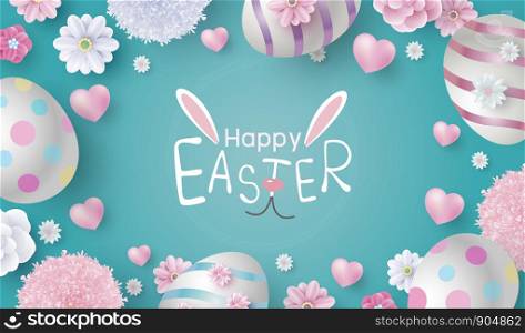 Easter day design of eggs and flowers on color paper background vector illustration