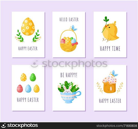 Easter Day eggs, little cartoon chicken, sweet cake, happy cute rabbit in tea cup, wooden basket with easter eggs, green branches, ready vector greeting cards or posters set, holiday decor. cartoon easter day set