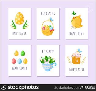 Easter Day eggs, little cartoon chicken, sweet cake, happy cute rabbit in tea cup, wooden basket with easter eggs, green branches, ready vector greeting cards or posters set, holiday decor. cartoon easter day set