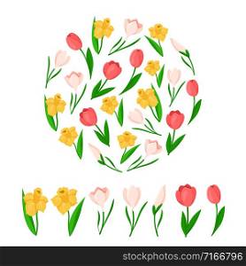 Easter Day flowers - yellow daffodil, pink tulip, snowdrop - floral round frame or composition and isolated items flowers on white background - vector set for holiday polygraphy or textile design. cartoon easter day set