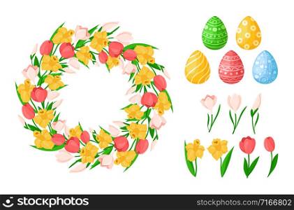 Easter Day flowers - yellow daffodil, pink tulip, snowdrop - floral wreath or round frame and isolated items easter eggs, flowers on white - vector set for holiday design. cartoon easter day set