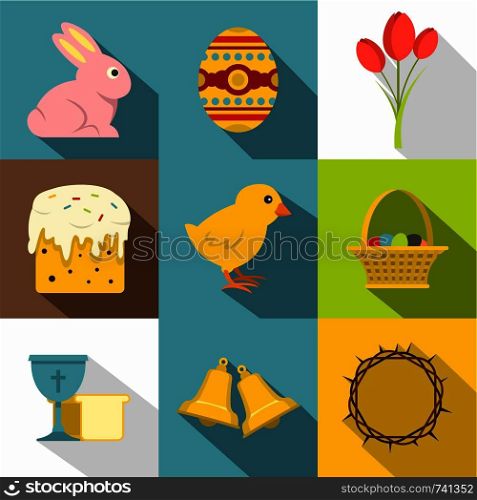 Easter day icon set. Flat style set of 9 Easter day vector icons for web design. Easter day icon set, flat style
