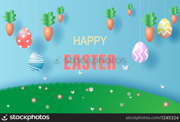 Easter day in garden park background.Creative paper art and craft style.Frame for your text banner and poster.Origami paper concept card.Plant flower colorful pastel.vector illustration.Spring season