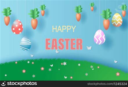 Easter day in garden park background.Creative paper art and craft style.Frame for your text banner and poster.Origami paper concept card.Plant flower colorful pastel.vector illustration.Spring season