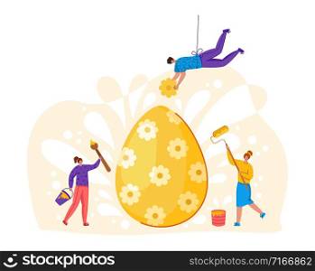 Easter Day - miniature people decorate giant easter eggs, tiny man and woman with macro spring holiday objects, teamwork concept, ideal for banner, website, cards - vector flat or handdrawn characters. flat handdrawn easter day peolpe