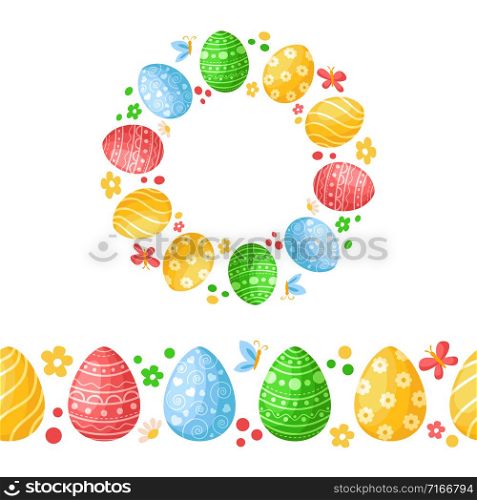 Easter Day - seamless border pattern with easter eggs, butterfly, flowers and wreath or round frame, ornamented endless bordure, stripe for textile, fabric, wrapping or scrapbooking paper - vector. cartoon easter day set