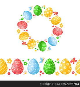 Easter Day - seamless border pattern with easter eggs, butterfly, flowers and wreath or round frame, ornamented endless bordure, stripe for textile, fabric, wrapping or scrapbooking paper - vector. cartoon easter day set