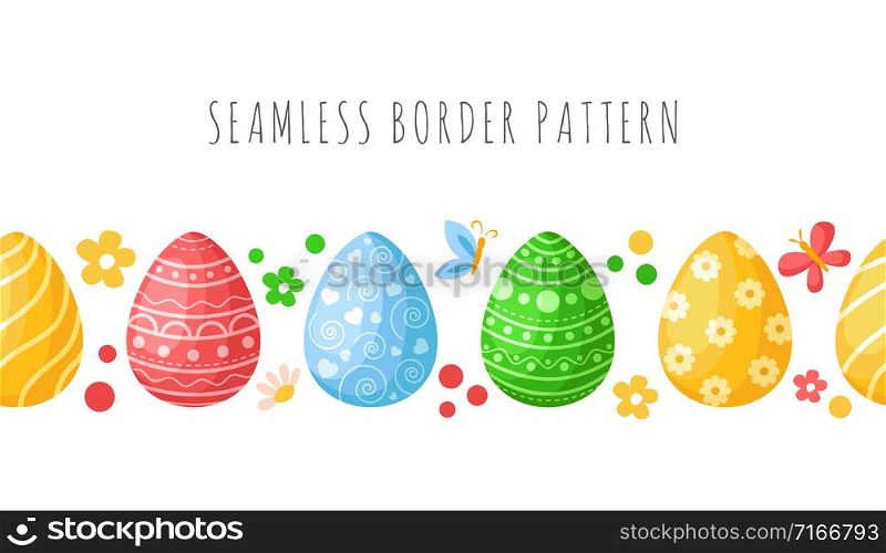 Easter Day - seamless border pattern with easter eggs, butterfly, flowers on white background, ornamented endless bordure or stripe for textile, fabric print, wrapping or scrapbooking paper - vector. cartoon easter day set