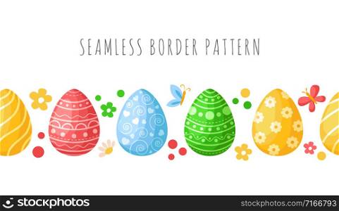 Easter Day - seamless border pattern with easter eggs, butterfly, flowers on white background, ornamented endless bordure or stripe for textile, fabric print, wrapping or scrapbooking paper - vector. cartoon easter day set