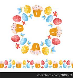 Easter Day - seamless border pattern with easter eggs, butterfly, sweet cake and wreath or round frame, ornamented endless bordure, stripe for textile, fabric, wrapping or scrapbooking paper - vector. cartoon easter day set