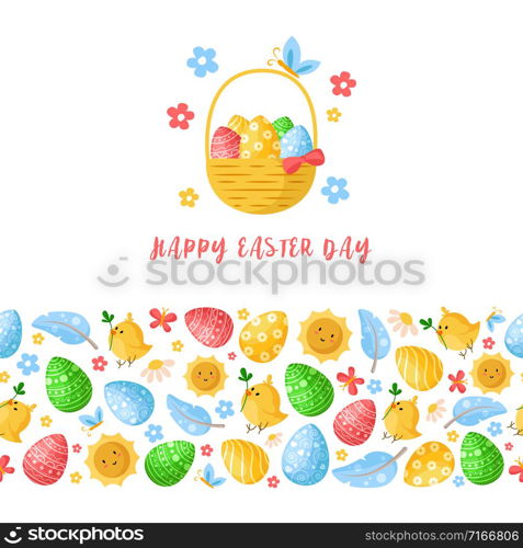 Easter Day - seamless border pattern with easter eggs, chickens, flowers, feathers on white, ornamented endless bordure and greeting card, fabric print, wrapping or scrapbooking paper - vector. cartoon easter day set