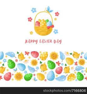 Easter Day - seamless border pattern with easter eggs, chickens, flowers, feathers on white, ornamented endless bordure and greeting card, fabric print, wrapping or scrapbooking paper - vector. cartoon easter day set