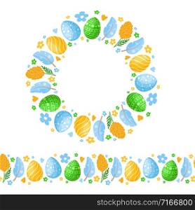 Easter Day - seamless border pattern with easter eggs, feather, flowers and wreath or round frame, ornamented endless bordure, stripe for textile, fabric, wrapping or scrapbooking paper - vector. cartoon easter day set