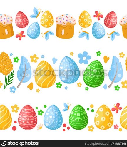 Easter Day - seamless border pattern with easter eggs, mimosa flowers, cakes, feathers on white, ornamented endless bordure or stripe for textile, fabric print, wrapping or scrapbooking paper - vector. cartoon easter day set