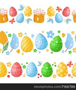Easter Day - seamless border pattern with easter eggs, mimosa flowers, cakes, feathers on white, ornamented endless bordure or stripe for textile, fabric print, wrapping or scrapbooking paper - vector. cartoon easter day set