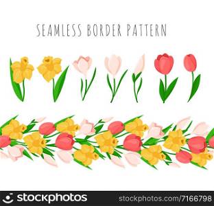 Easter Day seamless border with colorful spring flowers - yellow daffodil, pink tulip, snowdrop, endless bordure or seamless brush and isolated items on white - vector set for holiday design. cartoon easter day set