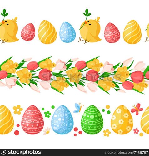 Easter Day seamless borders with colorful easter eggs, chickens, butterfly, spring flowers - yellow daffodil, pink tulip, snowdrop, endless bordure or brush on white - vector set for holiday design. cartoon easter day set