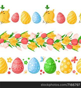 Easter Day seamless borders with colorful easter eggs, chickens, butterfly, spring flowers - yellow daffodil, pink tulip, snowdrop, endless bordure or brush on white - vector set for holiday design. cartoon easter day set