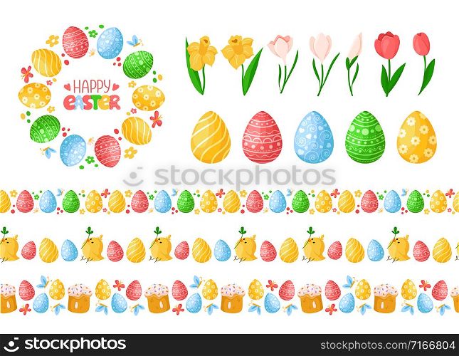 Easter Day seamless borders with easter eggs, chickens, cakes and wreath or round frame, lettering, endless bordure or stripe, isolated eggs and spring flowers on white - vector set for holiday decor. cartoon easter day set