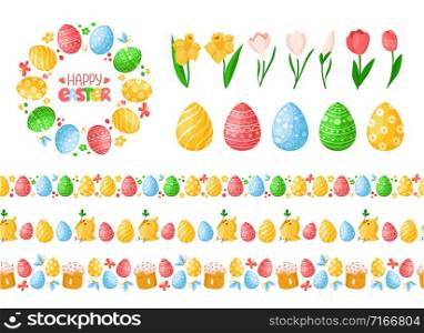 Easter Day seamless borders with easter eggs, chickens, cakes and wreath or round frame, lettering, endless bordure or stripe, isolated eggs and spring flowers on white - vector set for holiday decor. cartoon easter day set