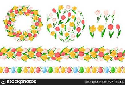 Easter Day seamless borders with easter eggs, spring flowers - yellow daffodil, pink tulip, snowdrop, wreath or round frame, endless bordure and isolated floral items - vector set for holiday design. cartoon easter day set