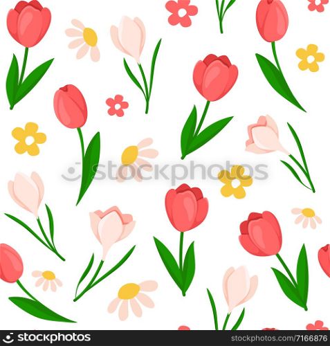Easter Day - seamless pattern spring flowers on white background, floral ornament - tulip, snowdrop, holiday background or endless texture for textile, fabric, wrapping or scrapbooking paper - vector. cartoon easter day seamless pattern