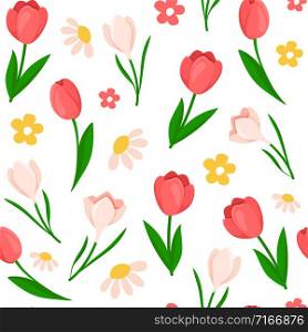 Easter Day - seamless pattern spring flowers on white background, floral ornament - tulip, snowdrop, holiday background or endless texture for textile, fabric, wrapping or scrapbooking paper - vector. cartoon easter day seamless pattern