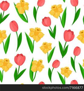 Easter Day - seamless pattern spring flowers on white background, floral ornament - tulip, daffodil, narcissus, background endless texture for textile, fabric, wrapping or scrapbooking paper - vector. cartoon easter day seamless pattern